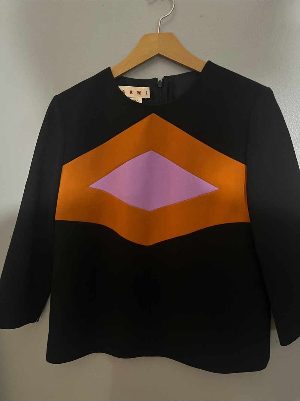 Marni Black vintage top with Orange Chevron and Lavender Diamond on it